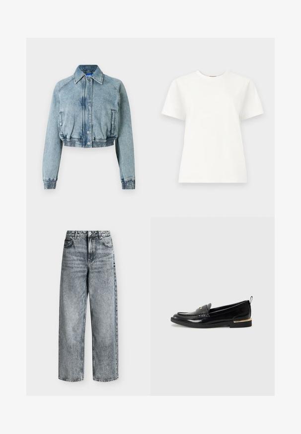 Kurz geschnittene Jeansjacke in hellblauem Used-Look mit Druckknopfverschluss vorne, Seitentaschen sowie elastischem Bund und Ärmelbündchen.; Weißes T-Shirt mit kurzen Ärmeln und Rundhalsausschnitt, mit einem dezenten, gestickten Logo auf der oberen linken Brustseite vor einfarbigem hellgrauem Hintergrund.; Jeans mit hohem Bund und geradem Bein aus verblasstem grauem Denim mit Vordertaschen, Gürtelschlaufen und Knopfverschluss.; Schwarze Lacklederloafers mit abgerundetem Zehenbereich, einem dekorativen Riemen und einem goldenen Akzent an der Ferse. Glatte Textur mit genähten Details.