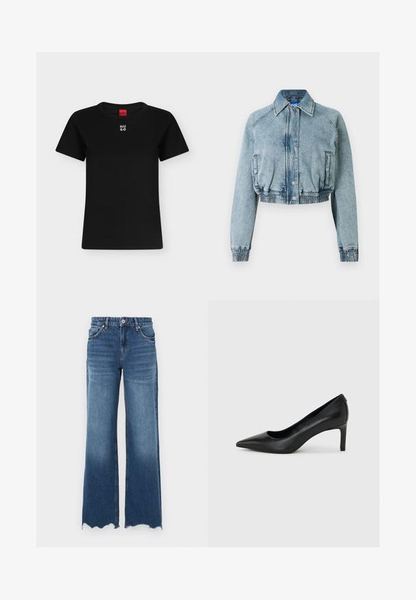 Veste en jean courte bleu clair délavé, dotée d'une fermeture à bouton-pression à l'avant, de poches latérales et d'une taille et des poignets élastiqués.; T-shirt noir à manches courtes avec col rond et logo blanc "HUGO" centré près du col, étiquette rouge à l'intérieur de l'encolure.; Jean flare en denim bleu moyen, avec un ourlet effiloché, cinq poches et une fermeture avant à boutons.; Escarpin à bout pointu en cuir noir avec un talon fin de hauteur moyenne sur un fond gris clair uni.