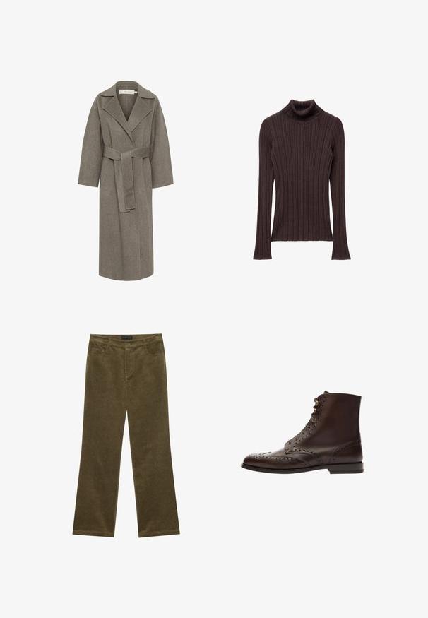 Grå uld omslagsoverfrakke med lange ærmer, spids krave og bælte i taljen. Har en lige skæring og blød tekstur.; Mørkebrun ribbet turtleneck sweater med en tæt siddende krave og lange ærmer, der har en struktureret tekstil og lige kant.; Olivengrønne fløjl bukser med flared ben, fem lommer, synlig syning og knaplukning i taljen for en sikker pasform.; Brune læder ankelstøvle med brogue-detaljer, rund tå og snørebåndsdesign med metaløjer. Glat tekstur og solid sål.