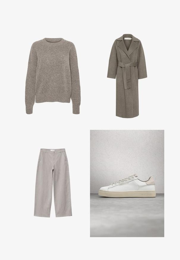Manteau enveloppant en laine grise avec des manches longues, un col cranté et une ceinture à la taille. Présente une coupe droite et une texture douce.; Pull en maille gris clair avec un col rond, des manches longues et une finition texturée subtile. Aucun motif ou accent visible.; Pantalon gris clair à jambes larges avec poches avant, passants pour ceinture et fermeture à bouton à la taille.; Sneaker en cuir blanc avec une finition lisse, accents en suède beige, bout arrondi, design à lacets plats et semelle en caoutchouc texturée.