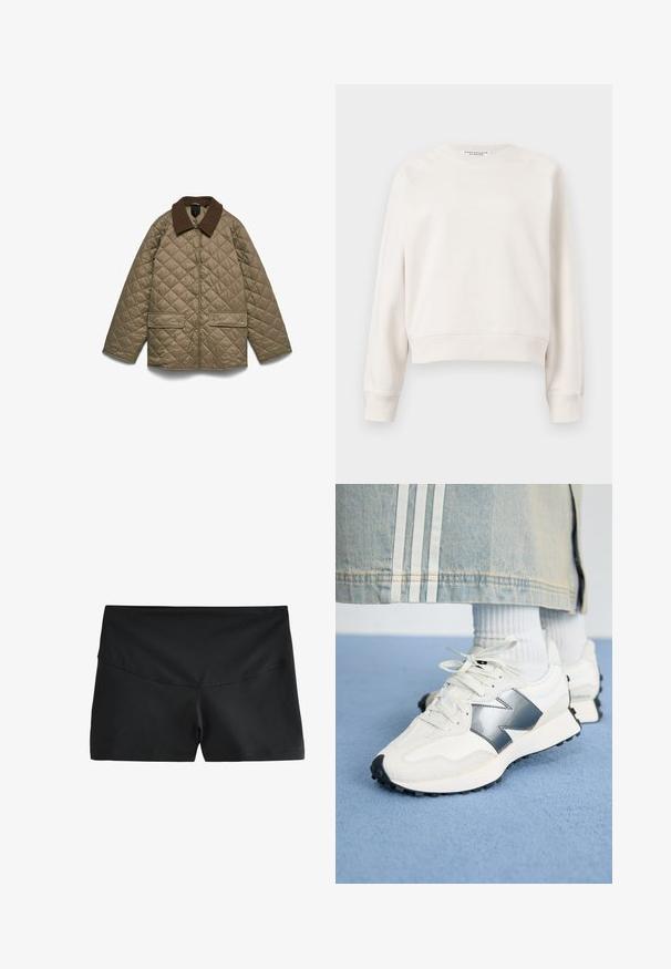 Quiltet olivengrøn jakke med brun fløjlskrave. Har to forlommer og trykknaplukning; designet til varme og komfort.; Off-white langærmet crewneck-sweatshirt med ribstrikkede manchetter og kant, vist mod en ensfarvet baggrund.; Sorte tætsiddende atletikshorts med bred linning og fladlock-syning, designet til aktivt brug.; Hvide sportsko med sølvdetaljer, tekstureret stof og glat læder; med en sort gummisål og snørebånd.