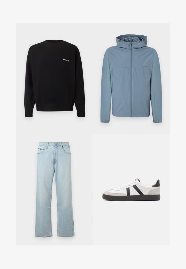 Lichtblauwe, lichte jacket met een ritssluiting aan de voorkant, een capuchon en elastische manchetten. Glad textuur met een strak ontwerp en geen zichtbare logo's.; Replay Inc. Sweater - black; Lichtblauwe denim jeans met een losse, wijde pasvorm. Bevat vijf zakken, riemlussen en een ritssluiting met een knoopsluiting.; Witte sneaker met zwarte en grijze accenten, voorzien van een grijze neus met textuur, zwarte rubberen zool en platte witte veters. Schoon ontwerp, minimalistische stijl.