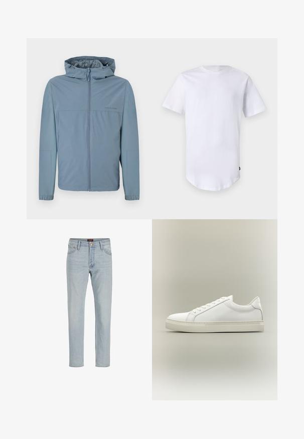 Lichtblauwe, lichte jacket met een ritssluiting aan de voorkant, een capuchon en elastische manchetten. Glad textuur met een strak ontwerp en geen zichtbare logo's.; Witte katoenen t-shirt met korte mouwen. Rond de hals ontwerp met een gebogen zoom. Label zichtbaar aan de onderste linkerzijde. Gladde textuur.; Lichtblauwe denim jeans met een rechte snit, vijf zakken, knoopsluiting en een licht vervaagde textuur.; Witte lage sneaker met veters aan de voorkant en dikke zool, zijaanzicht tegen een neutrale achtergrond.