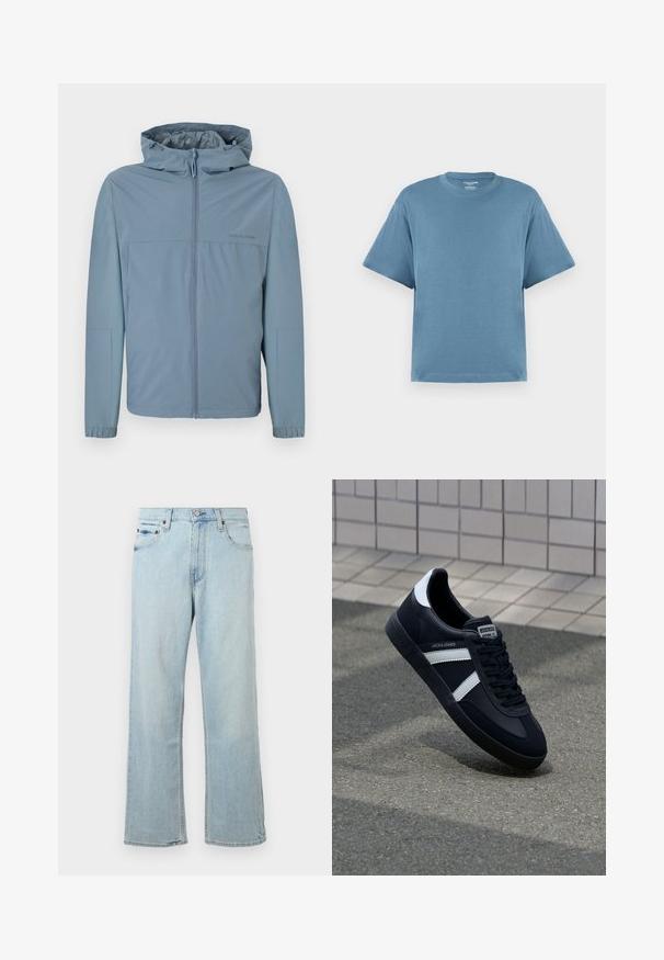 Chaqueta ligera de color azul claro, con cremallera en la parte delantera, capucha y puños elásticos. Textura suave con un diseño limpio y sin logotipos visibles.; Camiseta de manga corta azul, hecha de algodón, con cuello redondo y un corte relajado. Textura suave, diseño minimalista, sin patrones ni acentos.; Vaqueros de mezclilla azul claro con un diseño holgado y de pierna ancha. Cuenta con cinco bolsillos, presillas para cinturón y un cierre de cremallera con botón.; Zapatilla de cuero negra con rayas blancas, suela de goma texturizada y parte frontal con cordones. Cuenta con una etiqueta de marca en la lengüeta.