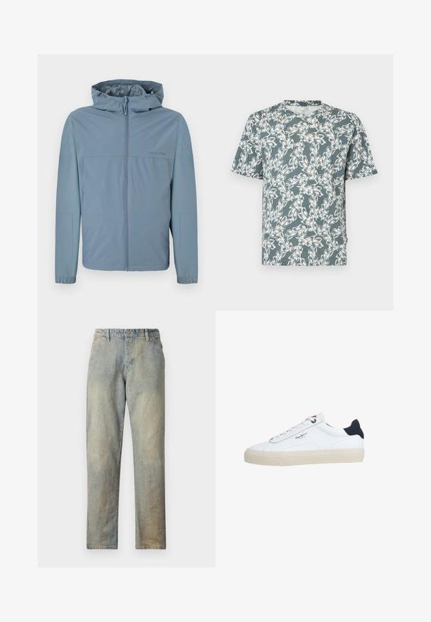 Veste légère bleu clair avec fermeture éclair sur le devant, capuche et poignets élastiques. Texture lisse avec un design épuré et sans logos visibles.; T-shirt à manches courtes de couleur sarcelle, présentant un motif floral blanc. Fabriqué en tissu léger et à coupe décontractée.; Jeans en denim bleu clair avec une coupe droite, présentant une fermeture à bouton et à glissière, un léger délavage et sans embellissements visibles.; Baskets basses blanches avec semelle beige, lacets blancs, languette de talon noire et logo "Pepe Jeans London" sur le côté.