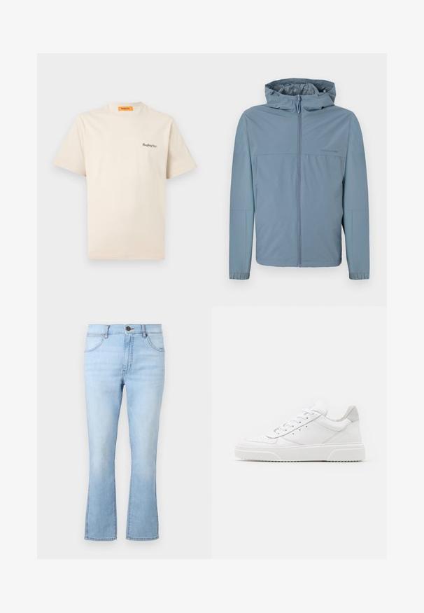 Chaqueta ligera de color azul claro, con cremallera en la parte delantera, capucha y puños elásticos. Textura suave con un diseño limpio y sin logotipos visibles.; Replay Inc. ESSENTIAL LOGO UNISEX - Camiseta básica - ivory; Vaqueros acampanados de color azul claro, confeccionados en denim, con cinco bolsillos, cierre de botón y cremallera, y costuras en contraste. Presentan un lavado ligeramente desvanecido.; Zapatillas de cuero blanca con un acabado suave, punta redondeada, cordones planos y una suela texturada. Acento de ante gris en el talón.