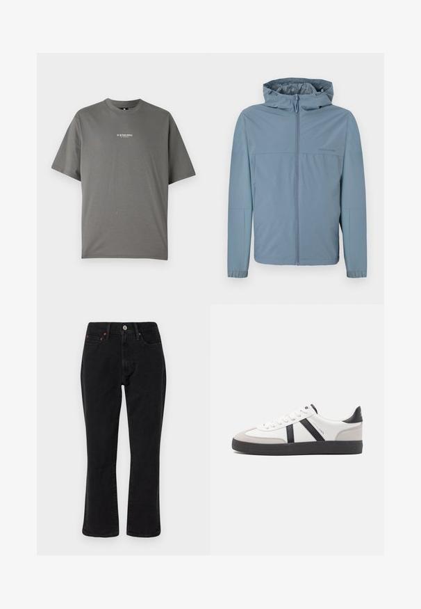 Chaqueta ligera de color azul claro, con cremallera en la parte delantera, capucha y puños elásticos. Textura suave con un diseño limpio y sin logotipos visibles.; Camiseta de algodón gris con cuello redondo, mangas cortas y un logo de G-Star RAW impreso en blanco en el pecho.; Jeans de mezclilla negra con un diseño de pierna recta, estilo de cinco bolsillos, y herrajes metálicos con acentos de cobre. Textura suave y tiro medio.; Zapatilla blanca con acentos en negro y gris, que presenta una puntera texturizada en gris, suela de goma negra y cordones planos blancos. Diseño limpio, estilo minimalista.
