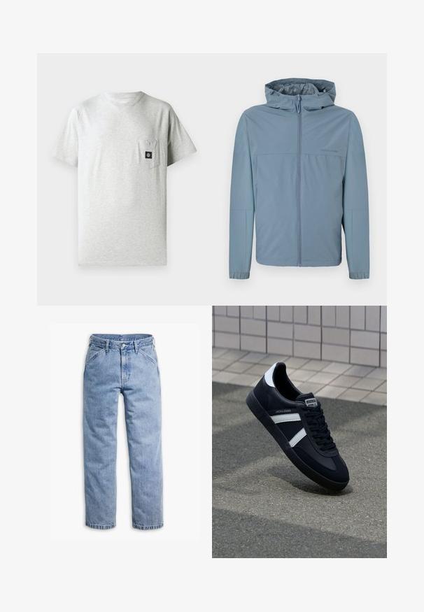 Veste légère bleu clair avec fermeture éclair sur le devant, capuche et poignets élastiques. Texture lisse avec un design épuré et sans logos visibles.; T-shirt en coton gris pour homme avec un col rond, des manches courtes et une poche sur la poitrine gauche arborant un petit patch logo noir.; Jean en denim bleu clair à jambes droites avec fermeture avant par boutons et fermeture éclair, passants de ceinture, et poches avant inclinées.; Sneaker en cuir noir avec des rayures blanches, semelle en caoutchouc texturée et devant à lacets. Présente une étiquette de marque sur la languette.