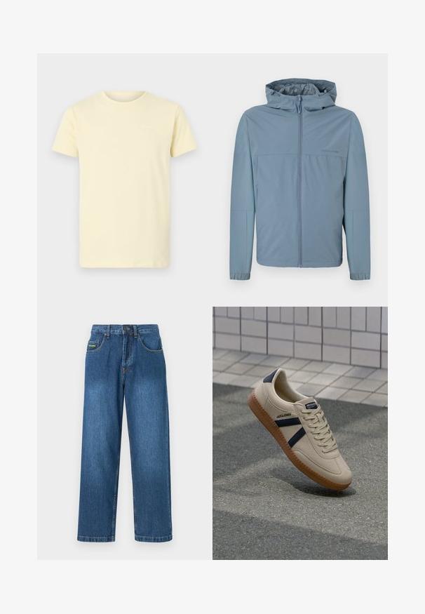 Veste légère bleu clair avec fermeture éclair sur le devant, capuche et poignets élastiques. Texture lisse avec un design épuré et sans logos visibles.; T-shirt en coton jaune clair à manches courtes et col rond ; présente un petit logo blanc sur le haut à gauche de la poitrine.; Jean en denim dans un délavage bleu moyen, avec une coupe droite, cinq poches et des accents de couture jaune.; Baskets beiges avec une finition texturée, bandes navy et semelle en caoutchouc. Équipées d'une languette rembourrée et d'un système de laçage traditionnel pour un maintien sécurisé.