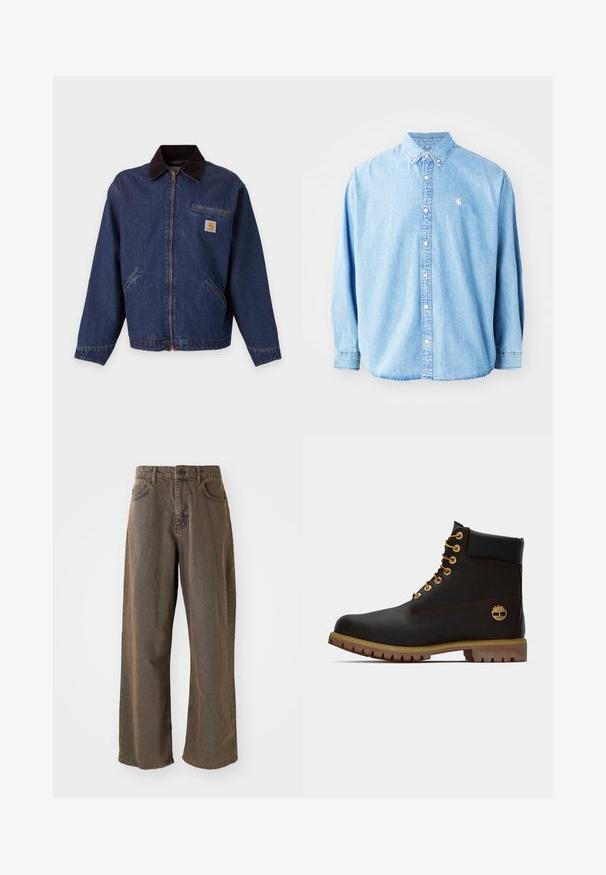 Chaqueta de mezclilla azul oscuro con cremallera frontal, cuello negro, dos bolsillos laterales, bolsillo en el pecho con cremallera y un pequeño parche con el logo de Carhartt en marrón y blanco.; Camisa de mezclilla azul claro, con botones y mangas largas, cuello puntiagudo y un pequeño logotipo en el lado izquierdo del pecho. Presenta un corte relajado y un diseño clásico.; Pantalones de mezclilla marrones de pierna ancha con cierre de botón, trabillas para el cinturón y bolsillos delanteros. La tela tiene una textura ligeramente desgastada.; Bota de cuero negro de tobillo con ojales dorados, acentos marrones y suela de goma. Presenta un cuello acolchado y un logotipo en relieve en el costado.