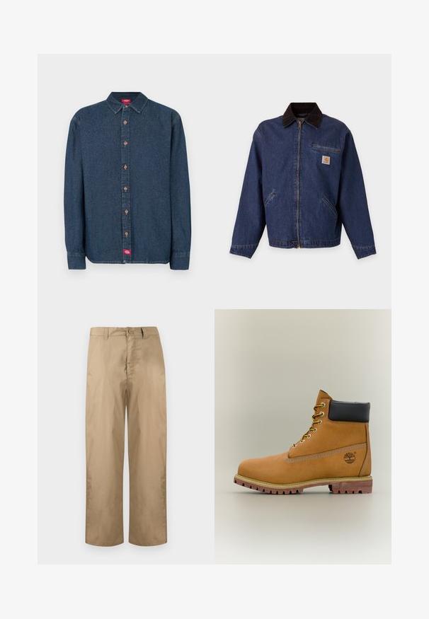 Veste en jean bleu foncé avec fermeture éclair à l'avant, col noir, deux poches latérales, poche poitrine zippée et un petit patch logo Carhartt marron et blanc.; Chemise en denim bleu foncé à boutons, avec col pointu, manches longues et boutons en cuivre. Présente une petite étiquette rouge sur le côté gauche.; Pantalons beige à jambes droites avec passants pour ceinture, fermeture par bouton et braguette zippée, présentés sur un fond clair uni.; Bottine en cuir marron avec col noir, lacets jaunes et semelle beige. Présente un logo et des détails de couture blanche. Semelle extérieure à traction robuste.
