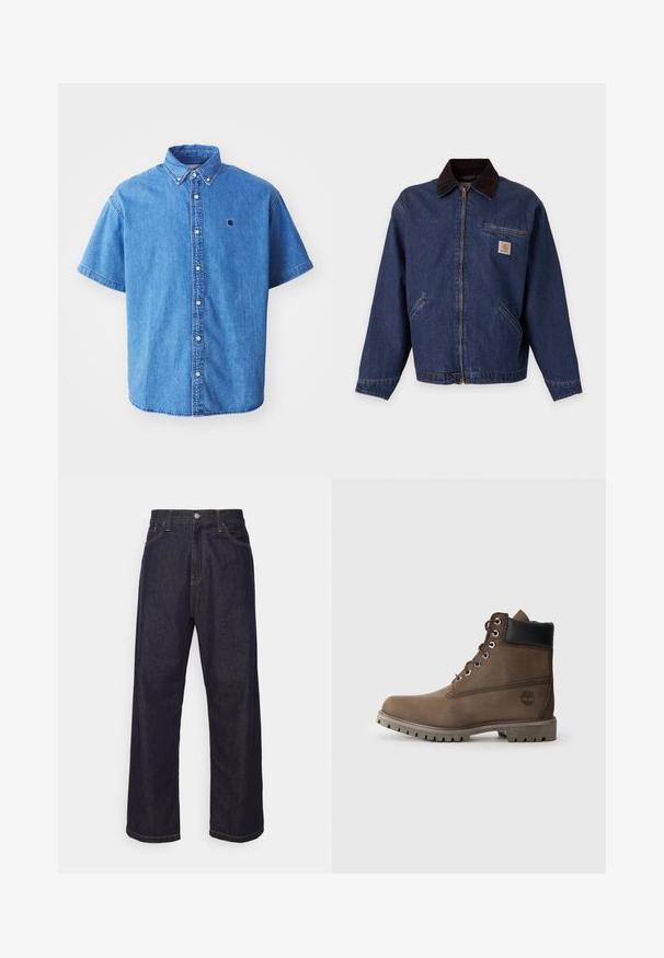 Veste en jean bleu foncé avec fermeture éclair à l'avant, col noir, deux poches latérales, poche poitrine zippée et un petit patch logo Carhartt marron et blanc.; Chemise en denim à manches courtes de couleur bleu clair avec un col boutonné, comportant un logo sur la poitrine et des détails de couture visibles.; Jean en denim droit bleu foncé avec des coutures jaunes, bouton frontal, fermeture éclair, et cinq poches.; Bottines en cuir marron avec un col noir, œillets en métal et semelle grise robuste. Comprend un logo sur le côté et des détails cousus.