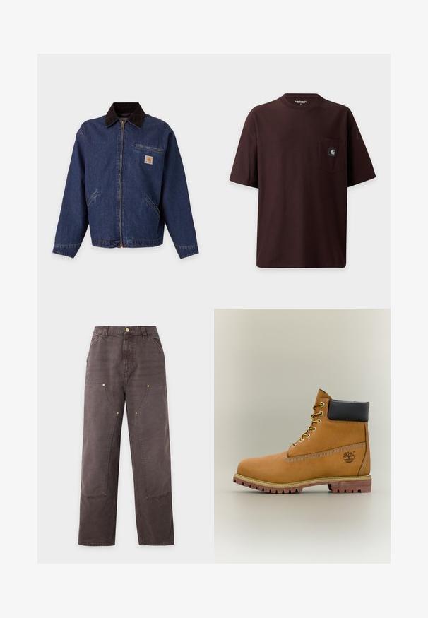 Σκούρο μπλε τζιν μπουφάν με φερμουάρ μπροστά, μαύρο γιακά, δύο πλαϊνές τσέπες, τσέπη στο στήθος με φερμουάρ και μικρό καφέ και άσπρο λογότυπο Carhartt.; Σκούρο καφέ κοντομάνικη μπλούζα με στρογγυλή λαιμόκοψη και τσεπάκι στο στήθος με μαύρο λογότυπο Carhartt σε μονόχρωμο φόντο.; Καφέ παντελόνι με ίσιο πόδι, ψηλή μέση, μπροστινές τσέπες, θηλιές για ζώνη και εμφανείς ραφές στα γόνατα και τους μηρούς.; Καφέ δερμάτινο μποτάκι αστραγάλου με μαύρο γιακά, κίτρινα κορδόνια και ταμπά σόλα. Διαθέτει λογότυπο και λευκή ραφή για λεπτομέρεια. Ανθεκτική εξωτερική σόλα με τραχύ πέλμα.