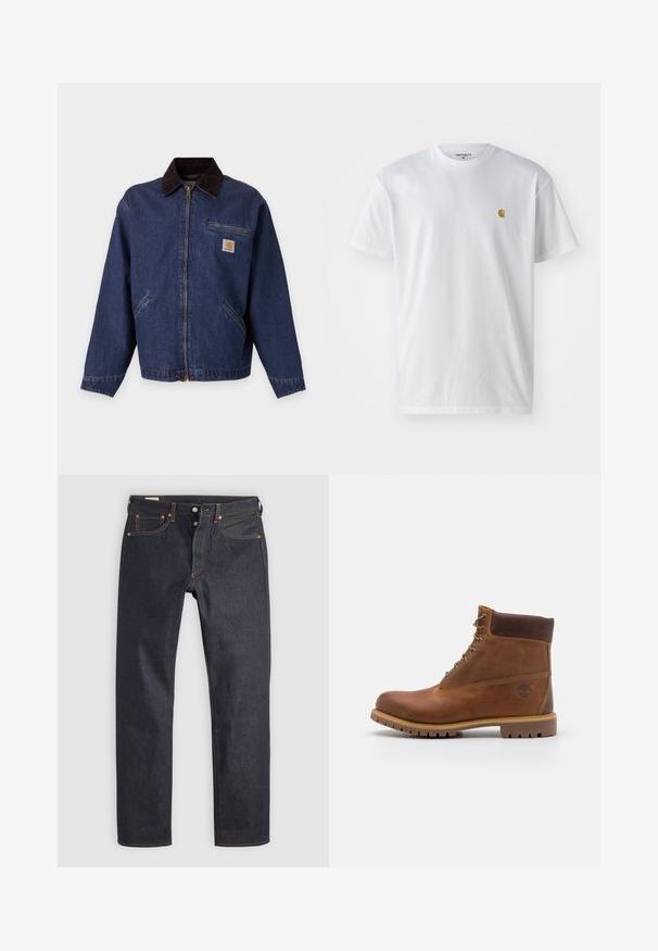 Veste en jean bleu foncé avec fermeture éclair à l'avant, col noir, deux poches latérales, poche poitrine zippée et un petit patch logo Carhartt marron et blanc.; T-shirt en coton blanc à manches courtes, col rond, avec un petit logo doré sur la poitrine gauche. Texture douce et coupe régulière.; Jean en denim bleu foncé à coupe droite, avec des coutures orange et un style classique à cinq poches. Fermeture par bouton et braguette à glissière.; Botte de randonnée en cuir marron avec une finition lisse, cheville rembourrée, œillets en métal et semelle en caoutchouc dotée d'un motif de crampons robuste.