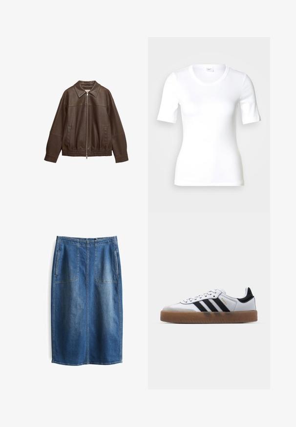 Bruine jas van nepleer met ritssluiting aan de voorkant, grote kraag, twee zijzakken, lange mouwen en elastische zoom tegen een witte achtergrond.; Wit T-shirt met korte mouwen van glad katoen, met een ronde halslijn en een aangesloten pasvorm. Klassiek ontwerp, zonder patronen of accenten.; Jeansrok met een rechte pasvorm, in een medium blauwe wassing, voorzien van twee grote voorzakken en zichtbaar stiksel langs de naden.; Witte leren sneakers met zwarte strepen, gumrubberen buitenzool, ronde neus, vetersluiting en een zachte grijze suède neuskap.