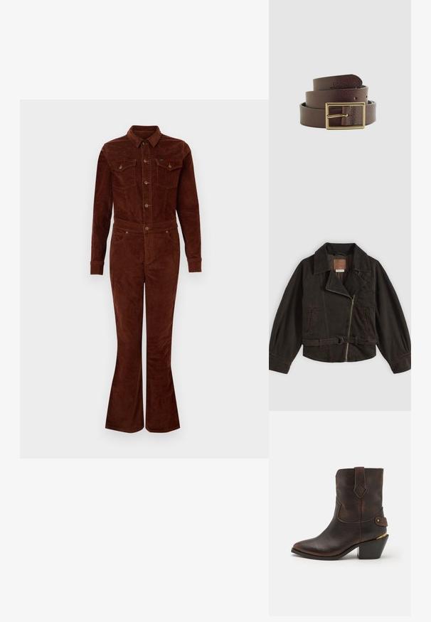 Dunkelbraune Jacke mit weitem Kragen, asymmetrischem Frontreißverschluss, zwei Seitentaschen und einem Gürtel mit metallischer Schnalle in der Taille.; Brauner Corduroy-Overall mit Kragen, langen Ärmeln, lässigen Beinen, Brusttaschen und metallischen Knopfakzenten. Glatte Textur und taillierter Schnitt.; Braune Leder-Cowboystiefel mit spitzer Zehe und gestapeltem Absatz. Verfügt über ein dekoratives Diamantmuster und einen Riemen mit Hardware-Akzenten.; Ein dunkelbrauner, gewickelter Ledergürtel mit einer rechteckigen Messingschnalle und dem eingeprägten "Levi's"-Logo an der Gürtelspitze.