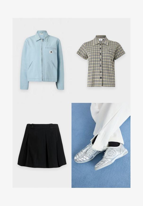 Veste à fermeture éclair bleu clair avec col, deux poches latérales et une poche poitrine zippée ornée d'un petit patch logo noir et blanc.; Chemise à manches courtes avec motif à carreaux jaune, noir et blanc et un col, présentée sur un fond uni.; Jupe plissée noire avec ceinture et détail bouton, longueur genou, en tissu lisse, présentée sur un fond clair uni.; Des chaussures de sport argentées avec une finition lisse et brillante, présentant un design cousu et le numéro 90 sur le côté, assorties à un pantalon blanc.