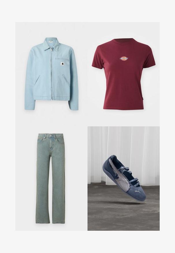 Lyseblå lynlåstrøje med krave, to sidelommer og en lynlåslomme på brystet med en lille sort og hvid logo-patch.; Bordeaux kortærmet t-shirt lavet af bomuld med rund halsudskæring og et lille multicoloreret "Dickies" logo på brystet.; Lyseblå lige ben jeans lavet af denim, udstyret med fem lommer, en knap- og lynlåslukning samt diskret falmning på stoffs.; Blå og grå Puma flad sko med tre elastiske stropper, tekstureret sidepanel og hvidt Puma-logo, svævende over en betongulv.