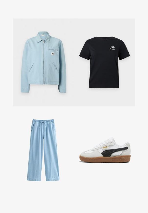 Lichtblauw jack met rits en kraag, twee zijzakken en een borstzak met rits voorzien van een klein zwart-wit logo.; Zwart Columbia T-shirt met korte mouwen, witte logo op de linkerborst en klein logo op de rechtermouw, ronde halslijn, effen voorzijde.; Lichtblauwe wijde broek met elastische tailleband en trekkoord, voorkantzakken en een losse, casual pasvorm.; Witte leren sneakers met een zwarte suède streep, gumrubberen zool en gouden branding aan de zijkant. Vetersluiting met een afgeronde neus.