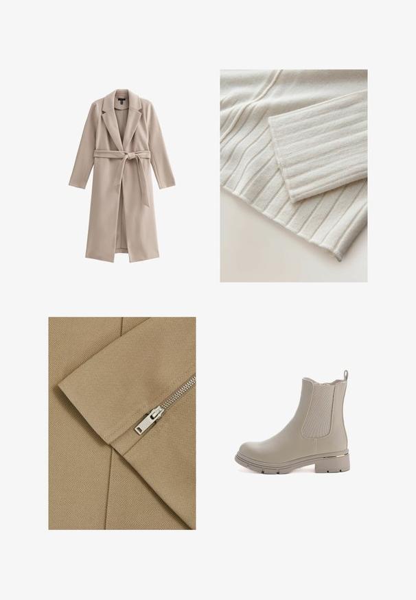 Beige lange jas gemaakt van zachte stof, met een uitsnijding in de kraag, open voorkant en een strikceintuur. Gladde, niet-getextureerde stof.; Geribbelde gebreide trui in lichtbeige. Heeft een zachte textuur met verticale lijnen en een omgeslagen manchet. Materiaal lijkt gezellig en warm.; Beige stof met een textuur oppervlak en diagonale naad, met een zilveren rits met een rechthoekige trekker.; Beige enkelboot met een gladde leren afwerking en elastische zijpanelen. Heeft een chunky zool en een gouden accent op de hak.