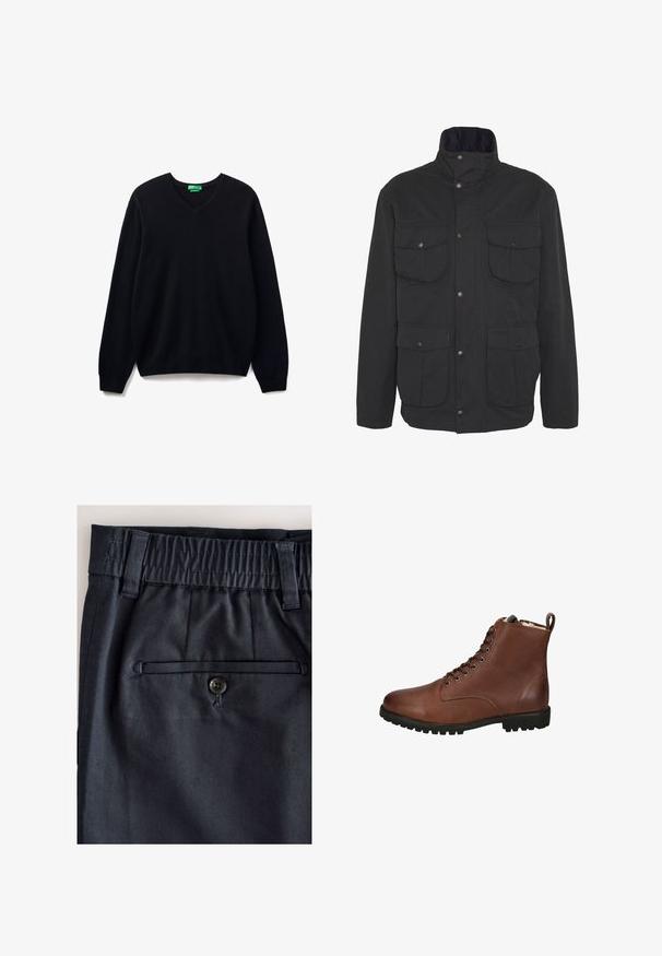 Barbour SANDERLING CASUAL - Leichte Jacke - navy; Schwarzer V-Ausschnitt-Pullover aus weichem Stoff, mit langen Ärmeln und gerippten Bündchen und Saum. Schlichtes Design ohne zusätzliche Muster oder Akzente.; Nahaufnahme des Bundes einer dunkelblauen Hose mit elastischem Rückenteil, Gürtelschlaufen und einer einzelnen mit Knopf verschlossenen hinteren Leistentasche.; Braune Leder-Ankle-Boots mit strukturiertem Finish, Schnürung vorne, abgerundeter Zehenpartie und dickem Gummisohle. Mit Anhänger an der Rückseite.