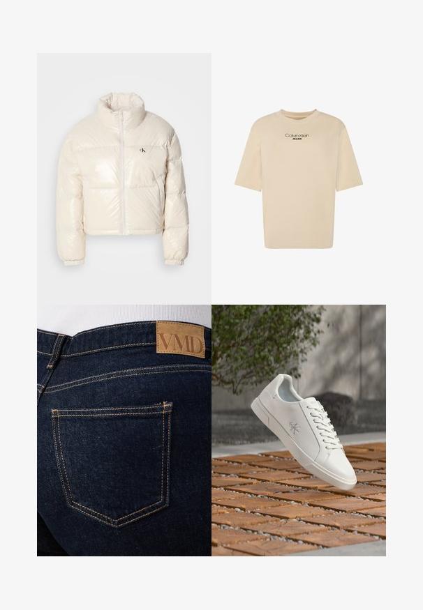 Afklippet pufferjakke i skinnende off-white materiale, med høj krave, frontlynlås og et lille sort logo på venstre bryst.; Beige T-shirt med korte ærmer og rund halsudskæring med "Calvin Klein JEANS"-logo trykt i sort på brystet.; Mørkeblå denimjeans med synlige orange syninger og en brun læderlap med mærket "VMD" over den bageste højre lomme.; Hvid lavtop-sneaker med snørebånd og Calvin Klein-logo på siden, svævende over en flisebelagt trægulv udendørs nær grønt område.