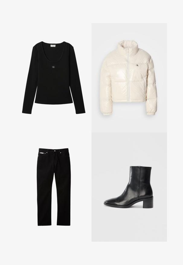 Afklippet pufferjakke i skinnende off-white materiale, med høj krave, frontlynlås og et lille sort logo på venstre bryst.; Sort langærmet ribbet top med rund halsudskæring og lille Calvin Klein logo patch centreret på brystet.; Sorte denimjeans med lige ben, der har knappelukning og lynlås, fem lommer og en lille logomærkat på taljen.; Sorte læderankelstøvle med spids tå, lav blokhæl og subtilt præget logo. Glat tekstur med et elegant design og minimal søm.