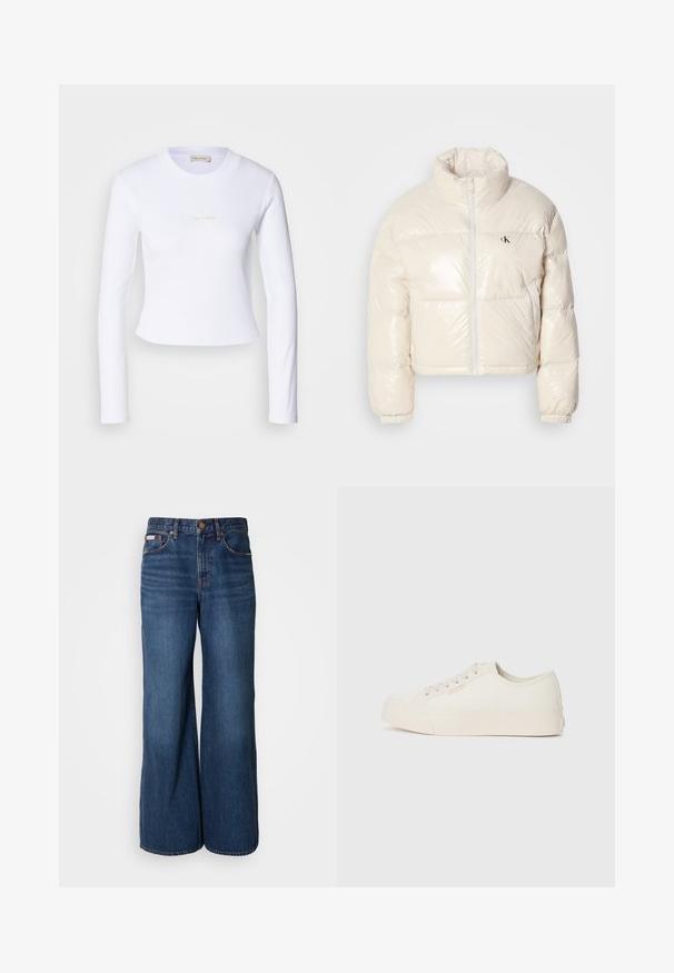 Chaqueta acolchada recortada en un material brillante de color blanco roto, con un cuello alto, cierre frontal y un pequeño logotipo negro en el lado izquierdo del pecho.; Top corto de manga larga blanco con un sutil logo de Calvin Klein en el centro, mostrado sobre un fondo gris claro.; Vaqueros de pierna ancha hechos de denim azul oscuro. Incluyen una cintura alta, cinco bolsillos y costuras en contraste de color naranja a lo largo de las costuras.; Zapatillas de lona color marfil, con un diseño de corte bajo, punta redonda y suela de goma plana con un sutil detalle de costura.