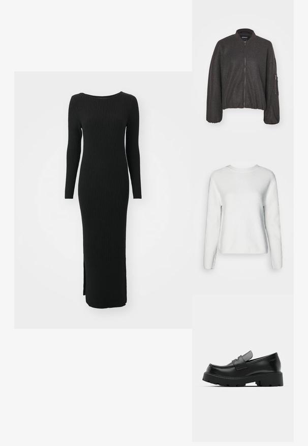 Veste bomber gris foncé avec une fermeture éclair à l'avant, un col pressionné et une taille élastiquée. Présente des manches surdimensionnées et une poche zippée sur le bras gauche.; Pull en tricot blanc avec un col rond, des manches longues, un motif en côtes texturé et une coupe décontractée.; Robe longue noire à côtes avec une coupe ajustée, un col rond et des manches longues. Présente une fente sur le côté en bas pour faciliter les mouvements.; Mocassins en cuir noir avec une semelle épaisse et texturée, dotés d'une sangle sur le vamp et d'une finition lisse et polie.