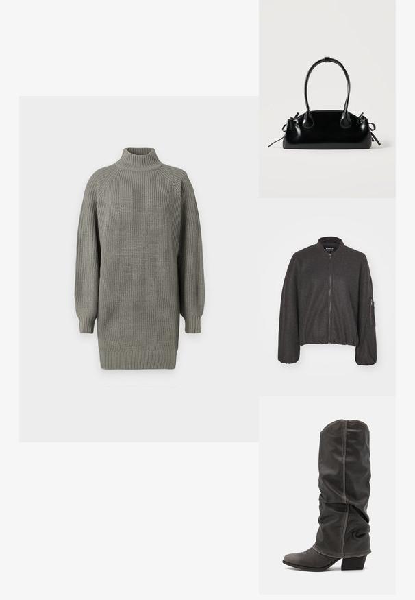 Tmavošedá bomber bunda so zipsom vpredu, rebrovaným golierom a elastickým pásom. Obsahuje oversized rukávy a zipsovú kapsu na ľavom ramene.; Veľký sivý pletený sveter s vysokým golierom, rebrovanými manžetami a textúrovaným povrchom. Má spadnuté ramená a uvoľnený strih.; Sivé kožené čižmy po lýtka s voľným dizajnom, špicatou špičkou a poskladaným podpätkom. Výrazné šitie v oblasti špičky.; Malá čierna lesklá kabelka s dvoma dlhými rúčkami a bočnými šnúrkovými detailmi na jednoduchom svetlom pozadí.