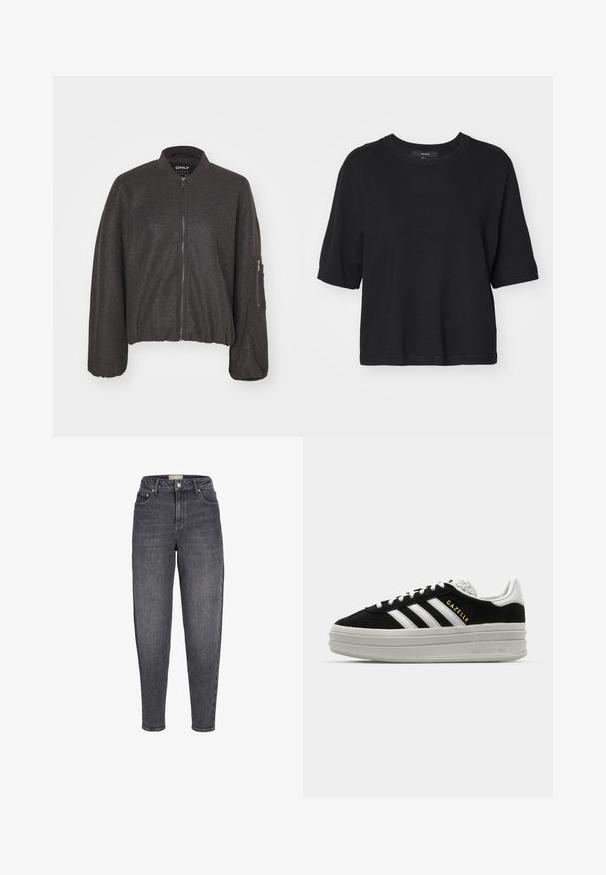 Chaqueta bomber de color gris oscuro con cierre de cremallera en la parte delantera, cuello acanalado y cintura elástica. Presenta mangas oversize y un bolsillo con cremallera en el brazo izquierdo.; Top negro de punto de manga corta con cuello redondo, con un corte recto y puños doblados, fabricado con un material liso y suave.; Vaqueros de corte ajustado, de talle alto, lavados en negro, con bolsillos delanteros, trabillas para cinturón y cierre de botón.; Zapatillas negras de ante con detalles en cuero blanco, tres rayas blancas, cordones planos y una gruesa suela de plataforma gris. Marca "Gazelle" en dorado.