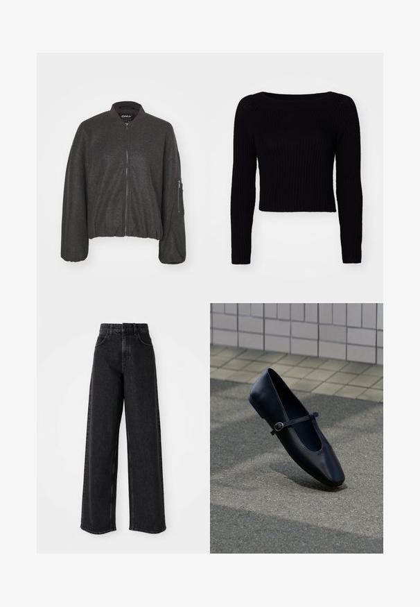 Tmavošedá bomber bunda so zipsom vpredu, rebrovaným golierom a elastickým pásom. Obsahuje oversized rukávy a zipsovú kapsu na ľavom ramene.; Čierny, pletený sveter s dlhým rukávom a ribovanou textúrou, širokým výstrihom a skrátenou dĺžkou; jemné švy na rukávoch.; Čierne vysoké široké rifle vyrobené z denimu, s klasikou päťzippedovým dizajnom a jemnými švíkovými detailmi.; Čierna kožená balerína Mary Jane s malým remienkom so sponou, položená na šedom asfaltovom povrchu pri obloženej stene.