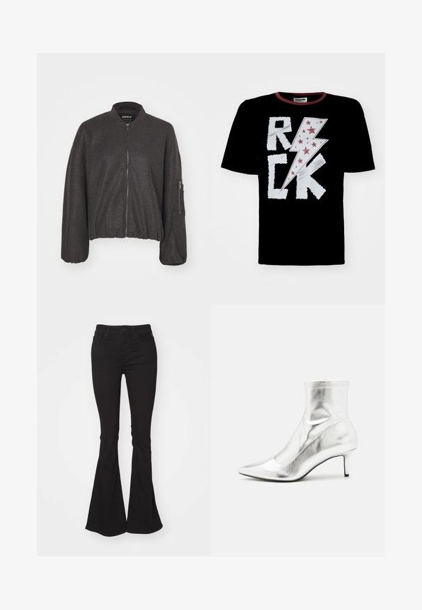 Chaqueta bomber de color gris oscuro con cierre de cremallera en la parte delantera, cuello acanalado y cintura elástica. Presenta mangas oversize y un bolsillo con cremallera en el brazo izquierdo.; Camiseta negra con un diseño de rayo blanco y rojo que incluye el texto "ROCK", adornada con estrellas rojas. Cuello redondo con ribete en contraste.; Vaqueros negros acampanados de cintura alta, con un cierre estándar de botón y cremallera, dos bolsillos frontales y una tela ligeramente texturizada.; Bota de tobillo metálica plateada con punta afilada y tacón delgado. Presenta un ajuste ceñido y una textura suave y brillante. Detalles de costura en la parte superior.