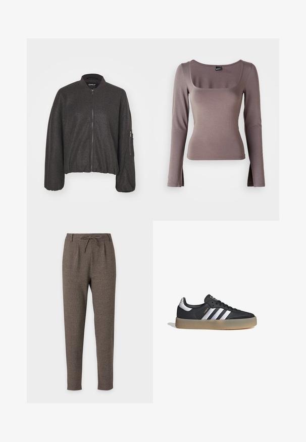 Chaqueta bomber de color gris oscuro con cierre de cremallera en la parte delantera, cuello acanalado y cintura elástica. Presenta mangas oversize y un bolsillo con cremallera en el brazo izquierdo.; Top de manga larga en una suave tela marrón. Presenta un escote cuadrado y aberturas laterales en el dobladillo. Textura suave con un diseño ceñido.; Pantalones marrones entallados con cintura de cordón y trabillas, hechos de tela texturizada, mostrados sobre un fondo blanco sencillo.; Zapatilla deportiva de cuero negro con tres rayas plateadas, punta texturizada y suela de goma. Cuenta con un collar acolchado y un diseño con cordones.