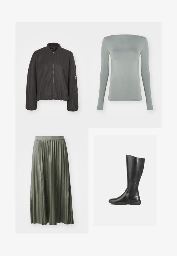 Tmavošedá bomber bunda so zipsom vpredu, rebrovaným golierom a elastickým pásom. Obsahuje oversized rukávy a zipsovú kapsu na ľavom ramene.; Dlhý rukáv top v svetlo sivej farbe, vyrobený z elastického materiálu. Má lodičkový výstrih a priliehavý strih bez viditeľných vzorov alebo kovania.; Sukňa s plisé v tlmenej zelenej farbe, vyrobená z lesklého materiálu. Má elastický pás a siaha po stred teľ a má rovnomerne rozmiestnené vertikálne plisé.; Čierna kožená čižma po kolená s hladkým povrchom, zaoblenou špičkou a mäkkou podrážkou. Vyznačuje sa modernou siluetou a minimálnym prešívaním.