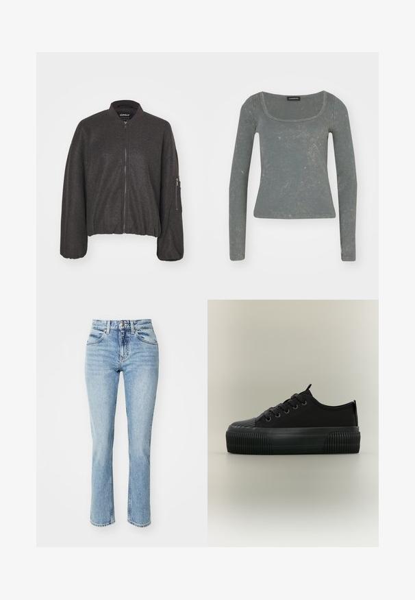 Tmavošedá bomber bunda so zipsom vpredu, rebrovaným golierom a elastickým pásom. Obsahuje oversized rukávy a zipsovú kapsu na ľavom ramene.; Dlhý rukáv rebrový top v jemnej zelenej farbe s širokým štvorcovým výstrihom a jemnou textúrou. Má priliehavý strih a mäkkú látku.; Svetlomodré džíny z denimu s vysokým pásom, rovný strih a jemné vyblednutie. Obsahujú klasické päť vrecové prevedenie a zapínanie na gombík.; Čierny platformový teniska s hrubou rebrovanou podrážkou, šnurovanie vpredu a ťahacie pútka na jazyku a päte, zobrazený z boku na neutrálnom pozadí.