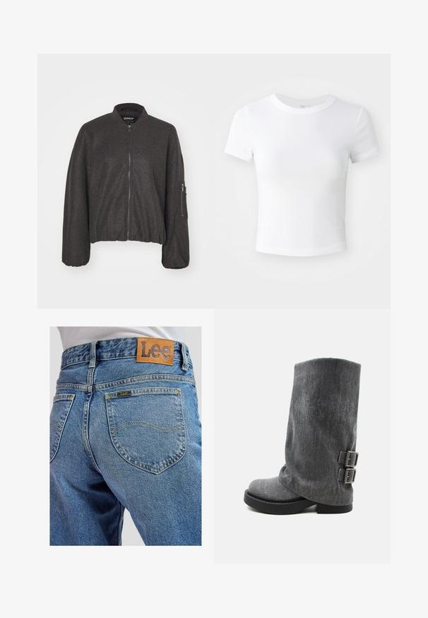 Mørkegrå bomberjakke med lynlås foran, ribbet krave og elastisk talje. Har overdimensionerede ærmer og en lynlåslomme på venstre arm.; Simpel hvid kortærmet cropped t-shirt med rund halsudskæring, præsenteret på en neutral lys baggrund.; Blå denimbukser med baglommer med gule syninger og et brunt lædermærke med Lee-brand på linningen.; Grå midt på læggen slouchy støvle med sort sål og to justerbare side-spænder vist i profil på hvid baggrund.