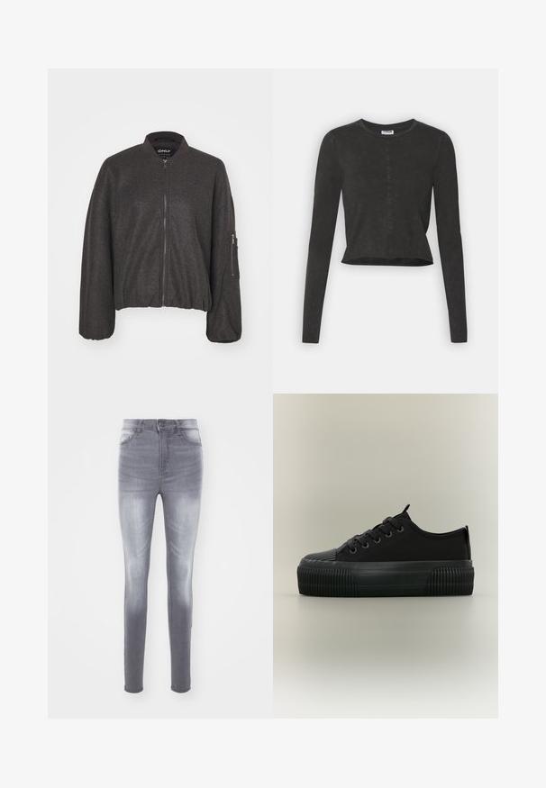 Chaqueta bomber de color gris oscuro con cierre de cremallera en la parte delantera, cuello acanalado y cintura elástica. Presenta mangas oversize y un bolsillo con cremallera en el brazo izquierdo.; Top corto negro de manga larga con escote redondo, que presenta una sutil textura desgastada y un dobladillo recto. Sin hardware visible.; Vaqueros ajustados de mezclilla gris desgastado, con una cintura alta, diseño estándar de cinco bolsillos y un sutil desgastado en la parte delantera.; Zapatilla negra de plataforma con suela gruesa acanalada, cordones en la parte delantera y tiradores en la lengüeta y el talón, mostrada de lado sobre un fondo neutro.