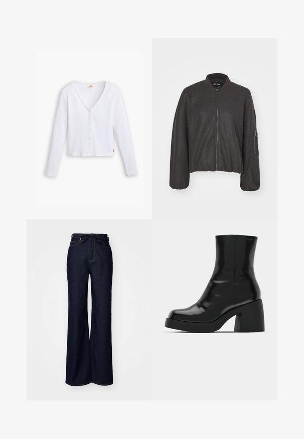 Veste bomber gris foncé avec une fermeture éclair à l'avant, un col pressionné et une taille élastiquée. Présente des manches surdimensionnées et une poche zippée sur le bras gauche.; Chemise blanche à manches longues en tissu côtelé, avec un décolleté en V, un bouton sur le devant et un ourlet droit. Elle présente une petite étiquette de marque sur le côté inférieur.; Jean large en denim bleu foncé, avec une taille haute, des poches avant et une fermeture à lacer à la taille.; Bottines noires à finition brillante, bout carré et épais talon bloc. Le design présente une silhouette homogène et un branding minimal.