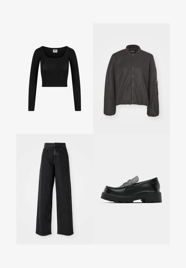 Tmavošedá bomber bunda so zipsom vpredu, rebrovaným golierom a elastickým pásom. Obsahuje oversized rukávy a zipsovú kapsu na ľavom ramene.; Čierny dlhý rukáv cropped top s okrúhlym výstrihom, vyrobený z rebrovanej látky. Disponuje priliehavým strihom a jemnou textúrou.; Čierne vysoké široké rifle vyrobené z denimu, s klasikou päťzippedovým dizajnom a jemnými švíkovými detailmi.; Čierne kožené mokasíny s hrubou štruktúrovanou podrážkou, so strapcom cez priehlavok a hladkým, lesklým povrchom.