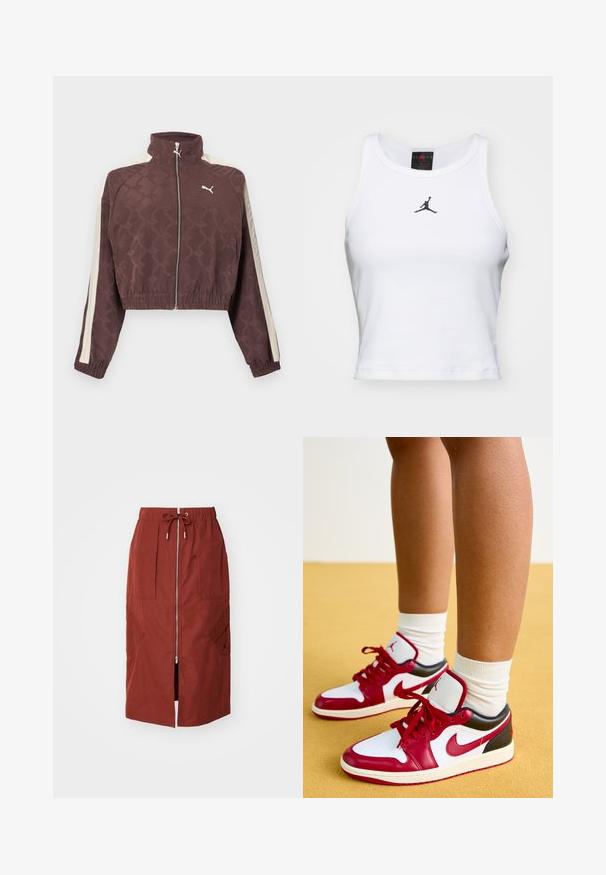Hnedá krátka bunda Puma s bielymi bočnými pruhmi, predným zipsom, elastickými manžetami a lemom a vysokým golierom.; Biely crop tank top vyrobený z bavlny s rebrovanou textúrou. Obsahuje čierne logo Jordan v strede a klasický okrúhly výstrih.; Sukňa strednej dĺžky v terakotovo červenej farbe, s predným zipsom, elastickým pásom so šnúrkou a bočnými vreckami s geometrickým dizajnom.; Jordan AIR JORDAN 1 - Tenisky - white/gym red/black/sail