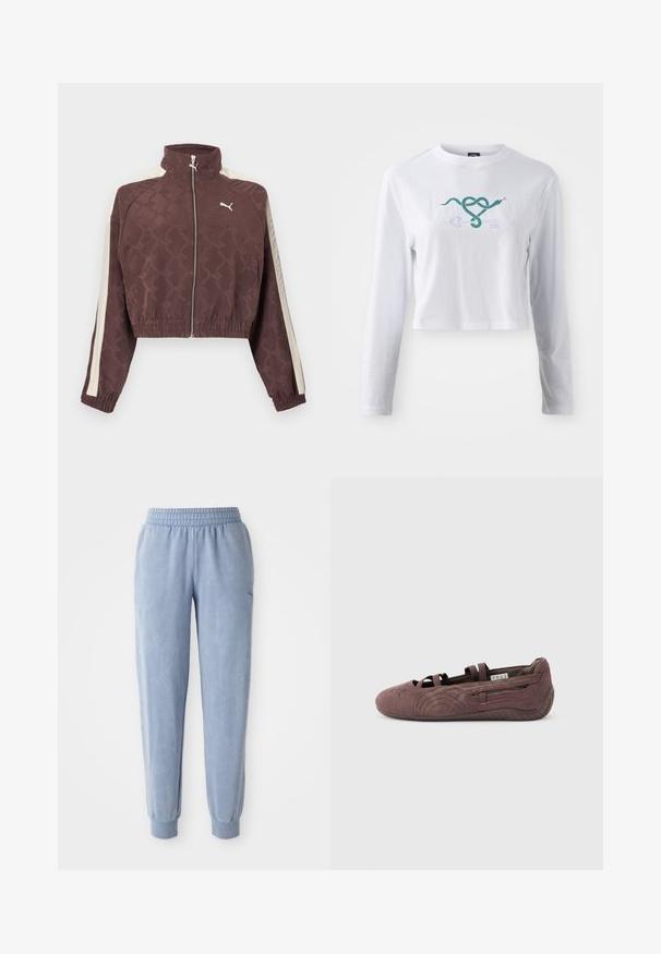 Chaqueta marrón corta de Puma con rayas blancas laterales, cremallera frontal, puños y dobladillo elásticos, y cuello alto.; Camiseta recortada de algodón de manga larga blanca, con un gráfico de una serpiente verde entrelazada con un diseño de llave en la parte frontal.; Pantalones de chándal azules hechos de una tela suave con una cintura y puños elásticos; presentan una sutil textura y un pequeño logo en un lado.; Zapato plano tipo ballet de ante marrón con correas elásticas y suela texturizada, mostrado de perfil sobre un fondo claro y liso.