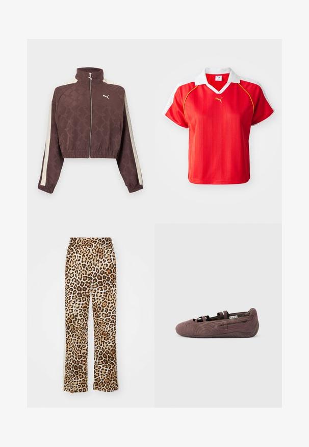 Chaqueta marrón corta de Puma con rayas blancas laterales, cremallera frontal, puños y dobladillo elásticos, y cuello alto.; Polo shirt deportiva roja con cuello y mangas blancas, con rayas verticales y un pequeño logo dorado en el frente. Material ligero.; Pantalones de leopardo fabricados en un material suave, con un corte holgado, piernas anchas y una cinturilla elástica en tonos beige y marrón.; Zapato plano tipo ballet de ante marrón con correas elásticas y suela texturizada, mostrado de perfil sobre un fondo claro y liso.