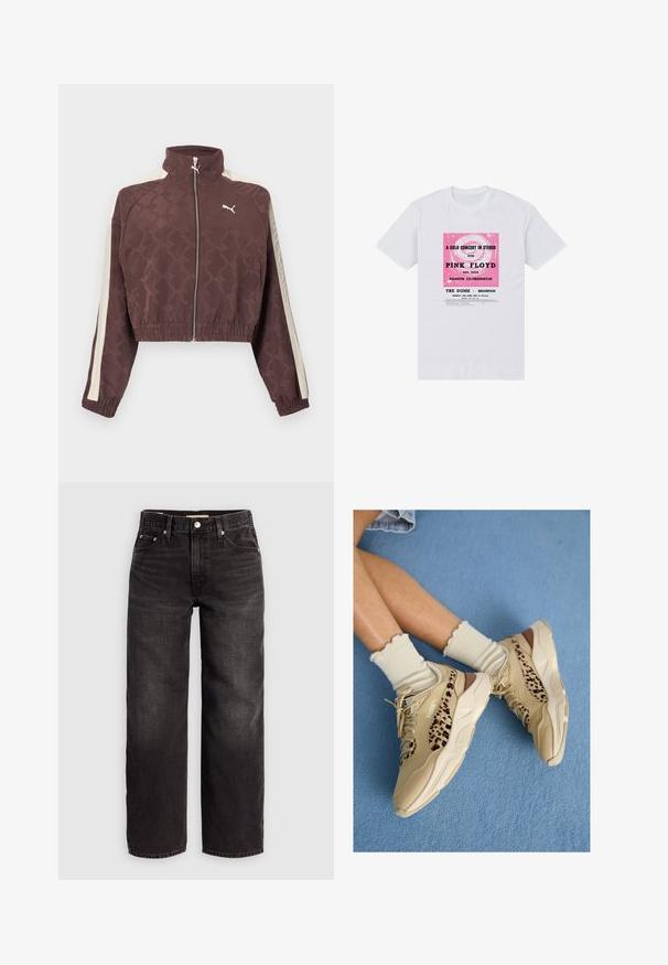 Chaqueta marrón corta de Puma con rayas blancas laterales, cremallera frontal, puños y dobladillo elásticos, y cuello alto.; Camiseta blanca con póster vintage de concierto de Pink Floyd en texto rosa y negro, promocionando el espectáculo de 1969 en Brighton Dome.; Levi's® BAGGY DAD - Vaqueros baggy - shrink up; Piernas cruzadas con zapatillas Puma beige con rayas de estampado de leopardo y calcetines crema con volantes sobre una alfombra azul.