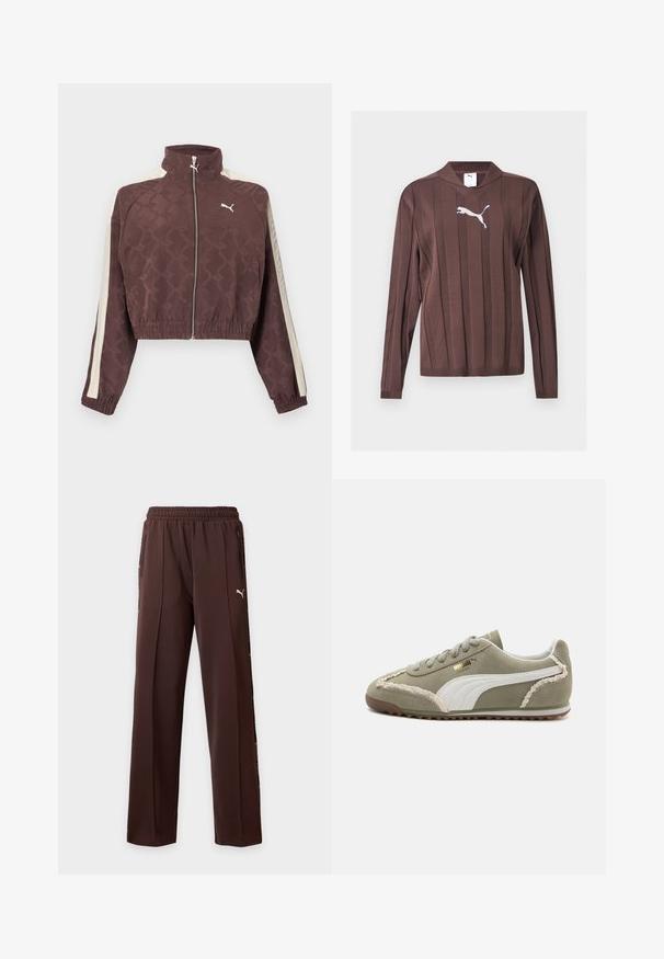 Brun kort Puma-jakke med hvide sidestriber, en lynlås foran, elastiske manchetter og kant samt en høj krave.; Brun langærmet sweater med lodrette teksturerede striber og en hvid Puma-logo centreret på brystet mod en ensfarvet baggrund.; Brune Puma træningsbukser med elastisk taljebånd, lynlåslommer i siderne og lille hvid Puma-logo på højre lår.; Grønne ruskind sneakers med hvide læderdetaljer, struktureret syning, snørelukning og gummisål. Har unikke designfunktioner langs siderne.
