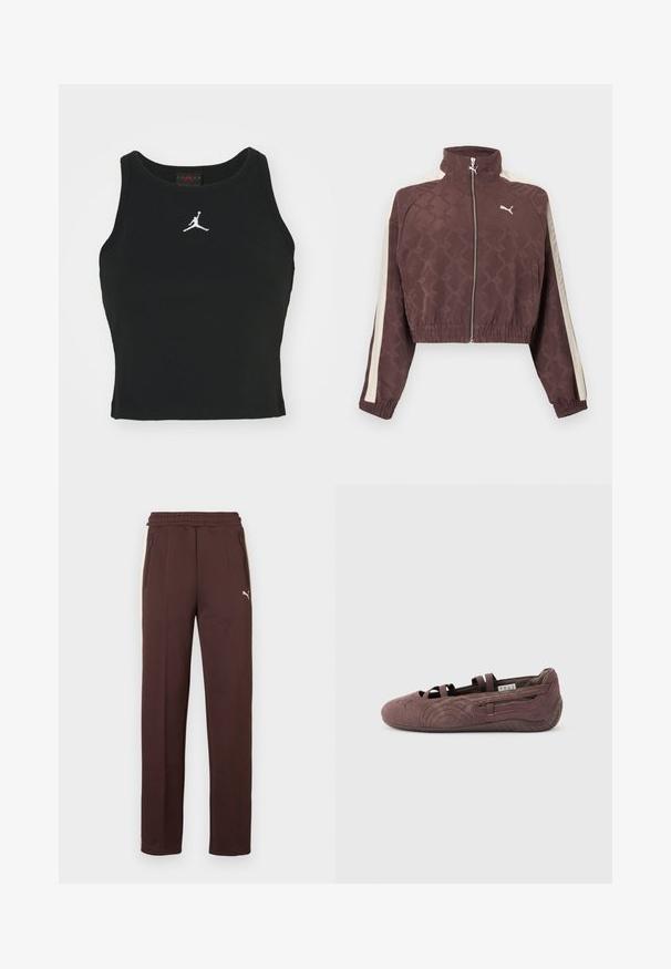 Veste courte marron Puma avec des bandes blanches sur les côtés, une fermeture éclair à l'avant, des poignets et un ourlet élastiques, ainsi qu'un col montant.; Débardeur noir ajusté en coton, avec un col rond et un logo Jordan blanc brodé au centre de l'avant. Texture lisse.; Pantalon de survêtement marron avec une finition texturée, taille élastique, poches latérales zippées et un logo sur la jambe gauche.; Ballerine plate en suède marron avec des lanières élastiques et une semelle texturée, vue de profil sur un fond clair uni.