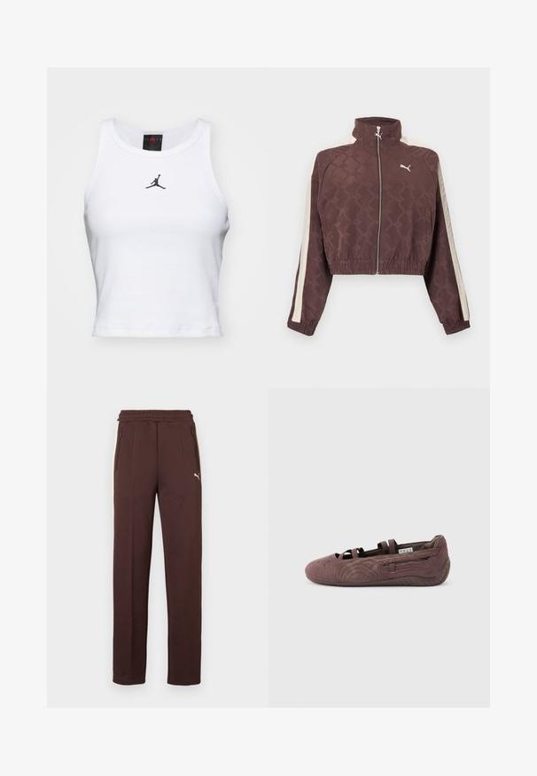 Chaqueta marrón corta de Puma con rayas blancas laterales, cremallera frontal, puños y dobladillo elásticos, y cuello alto.; Top corto blanco de algodón con textura acanalada. Cuenta con un logo negro de Jordan en el centro y un clásico escote redondo.; Pantalones de chándal marrones con un acabado texturizado, cinturilla elástica, bolsillos laterales con cremalleras y un detalle de logo en la pierna izquierda.; Zapato plano tipo ballet de ante marrón con correas elásticas y suela texturizada, mostrado de perfil sobre un fondo claro y liso.