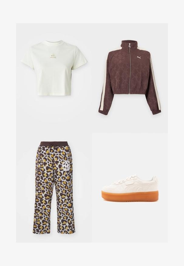 Bruin afgeknipt Puma-jas met witte zijstrepen, een voorrits, elastische manchetten en zoom, en een hoge kraag.; Korte witte cropped t-shirt met een klein beige Nike ACG-logo gecentreerd onder de halslijn; Lepaardprint sweatpants in bruin en geel met een trekkoord in de taille en witte "alpha industries" tekst op het linkerbeen.; Witte lage sneaker met veters en klittenbandsluiting, voorzien van een dikke lichtbruine zool en subtiele zijstiksels.