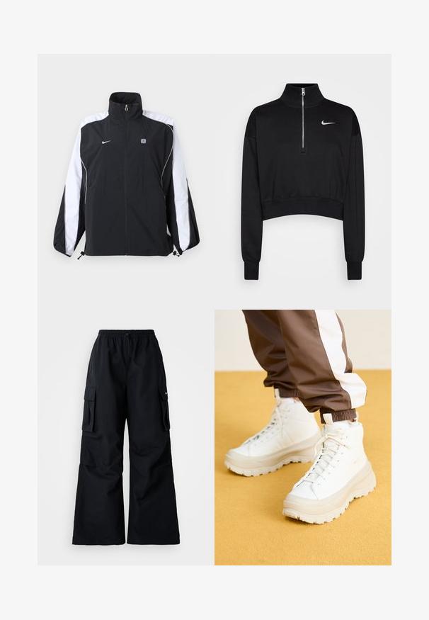 Čierno-biela športová bunda Nike s plným predným zipsom, vysokým golierom a logom na ľavej strane hrude a pásmi na rukávoch.; Čierny skrátený sveter s vysokým golierom, polovičným zipsom, rebrovanými manžetami a malým bielym logom Nike na ľavej hrudi. Mäkká textúra látky.; Čierne cargo nohavice so širokými nohavicami, elastickým pásom, nastaviteľnou šnúrkou a dvoma bočnými vreckami. Vyrobené z hladkej, ľahkej tkaniny.; Biele vysoké tenisky s hrubou štruktúrovanou podrážkou, majúce hladký zvršok, okrúlu špičku a zladené šnúrky, na žltom pozadí.