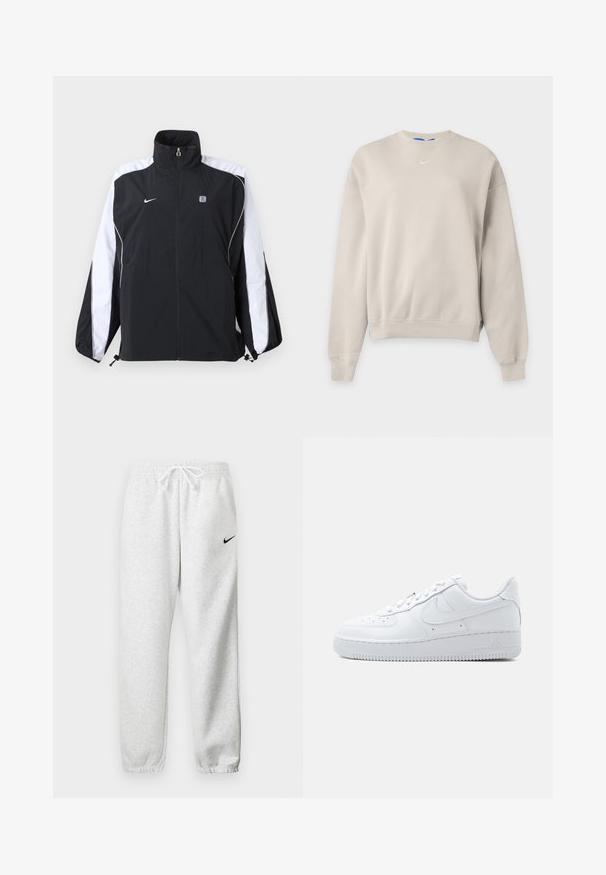 Zwart-witte Nike sportjas met volledige ritssluiting aan de voorkant, hoge kraag, en logo op de linkerborst en strepen op de mouwen.; Lichtbeige Nike crewneck-trui met lange mouwen, geribbelde boorden en zoom, en een klein wit Nike swoosh-logo op de borst.; Grijze joggingsbroek van een zachte stof, met een elastische tailleband met trekkoord en een klein zwart Nike-logo op de linker bovenbeen.; Witte Nike Air Force 1 lage sneaker met vetersluiting, geperforeerde neus en het kenmerkende swoosh-logo aan de zijkant.